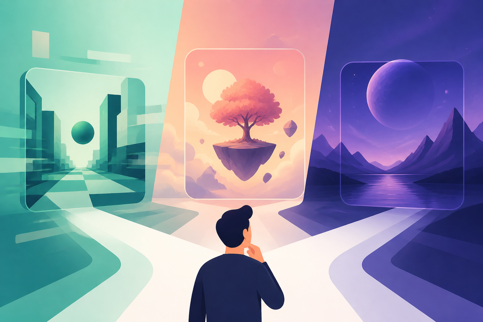 Illustratie van een AI-gegenereerde afbeelding met abstracte digitale vormen en kleuren